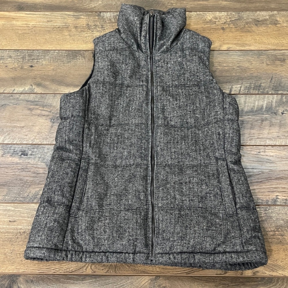 Old Navy Mens Tall Small Grey Herringbone Wool Blend Quilted Puffer Vest Zip Up